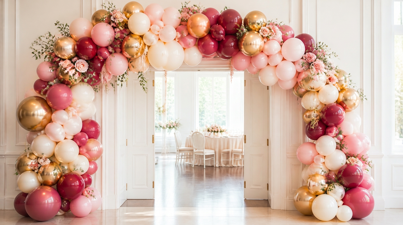Berry, blush and gold balloon arch framing a doorway at an event venue